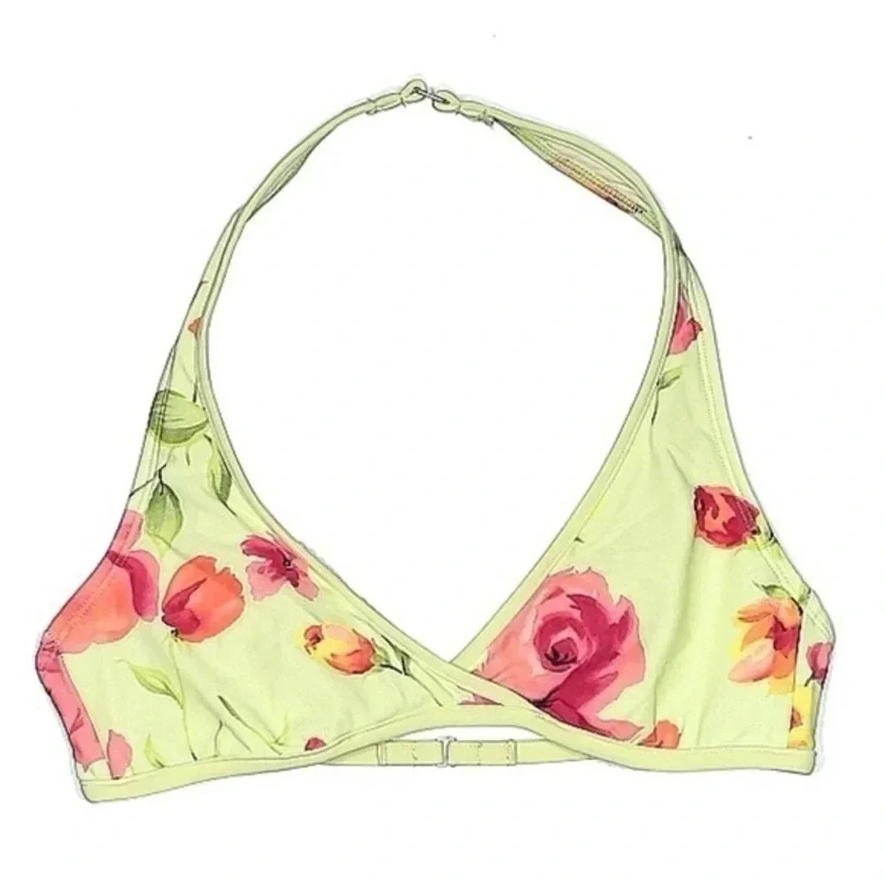 Anne Cole Mint Yellow Floral Halter Bikini Top Women’s Size 10 M Medium